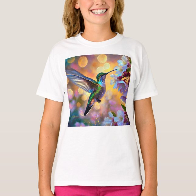Camiseta Cherry Blossom Fantasy Hummingbird (Frente)