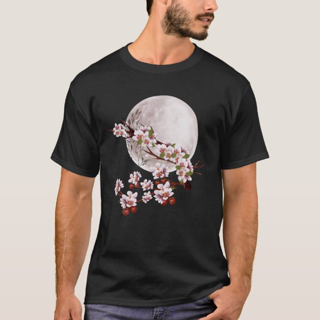 Camiseta Cherry Blossom Floral Full Moon Sakura Japonês Cu (Frente)