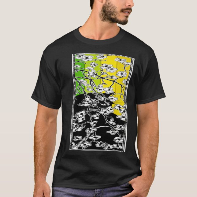 Camiseta Cherry Blossom Flowers Cat Black Stripes Green and (Frente)