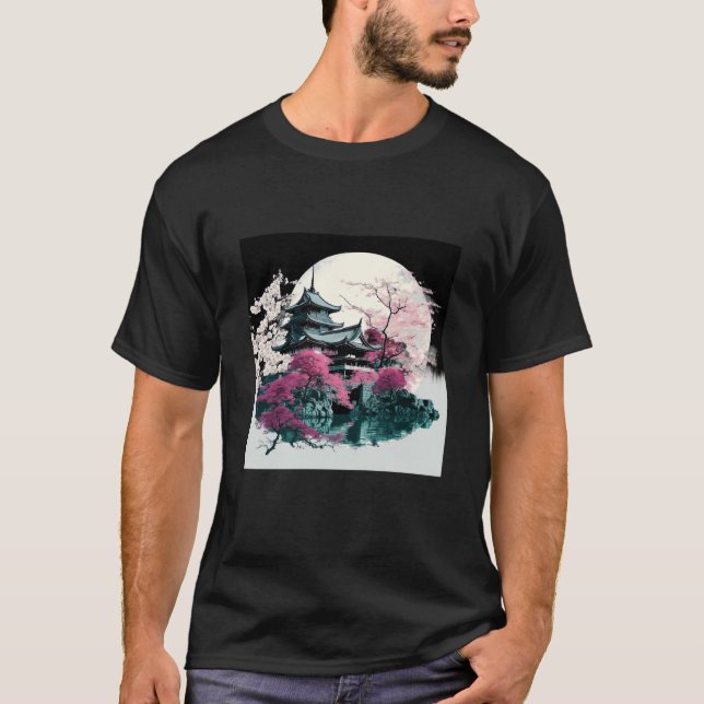Camiseta Cherry Blossom Japanese Castle with Moon and Water (Frente)
