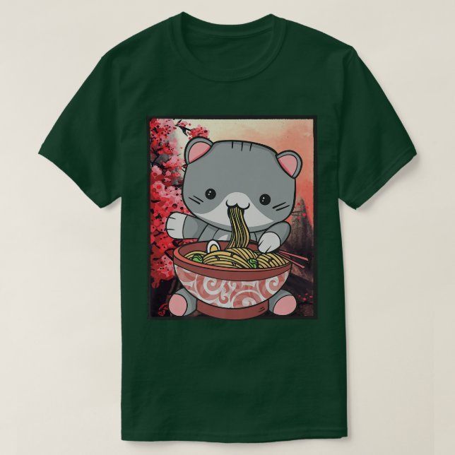 Camiseta Cherry Blossom Ramen Cat Kawaii (Frente do Design)
