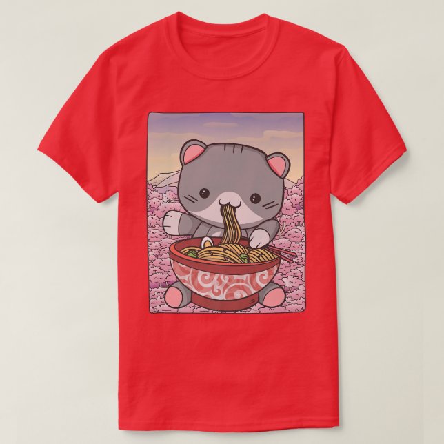 Camiseta Cherry Blossom Ramen Cat Kawaii (Frente do Design)