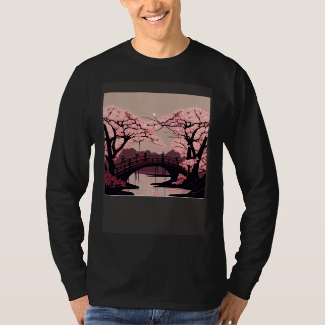 Camiseta Cherry Blossom River and Bridge Artwork Stunning G (Frente)