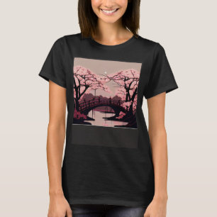 Camiseta Cherry Blossom River e Bridge Trabalho de arte Stu