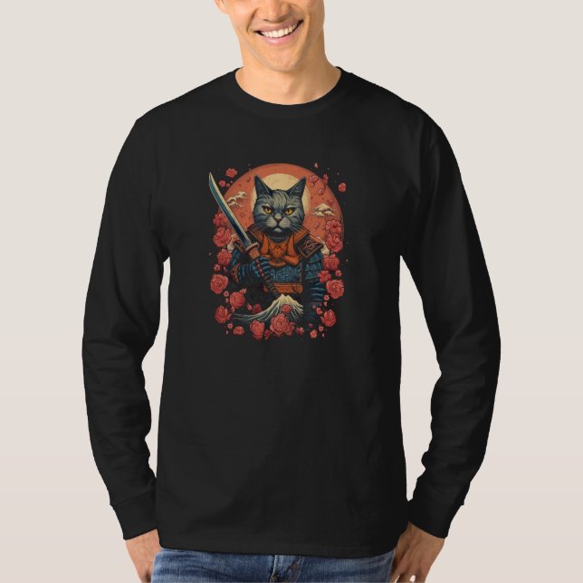 Camiseta Cherry Blossom Samurai Cat Classic Japanese Style  (Frente)
