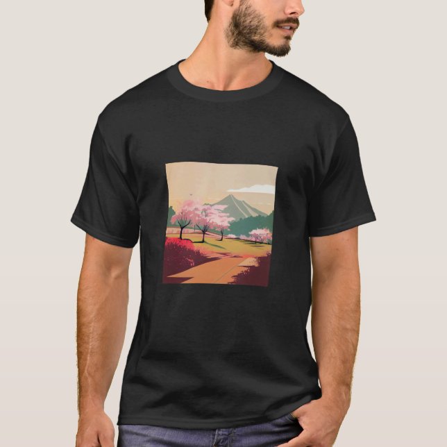 Camiseta cherry blossom trees country side mountain minimal (Frente)