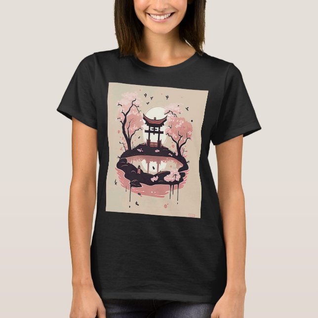 Camiseta Cherry Blossom Treine Japonês Shrine Pond com bir (Frente)