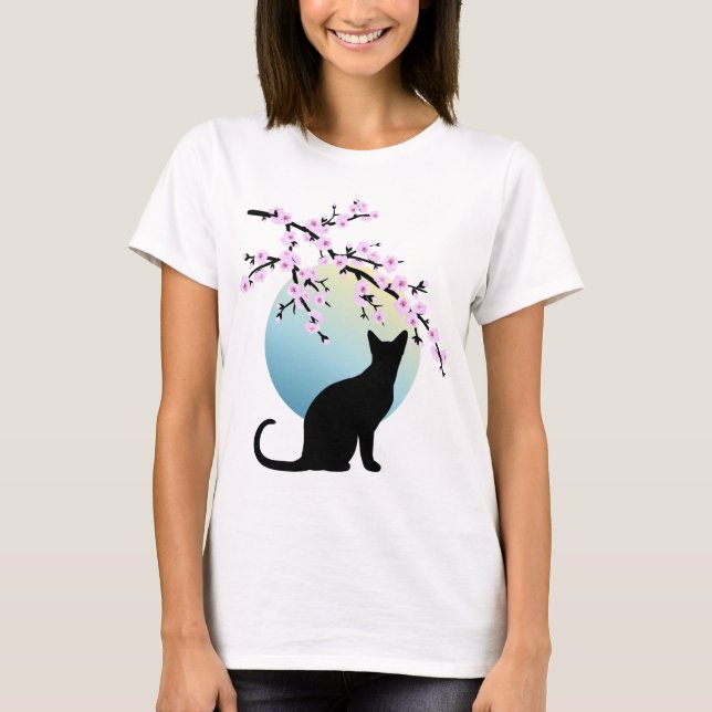Camiseta Cherry Blossoms SAKURA Lua Cheia Cat 3 T-Shirt (Frente)