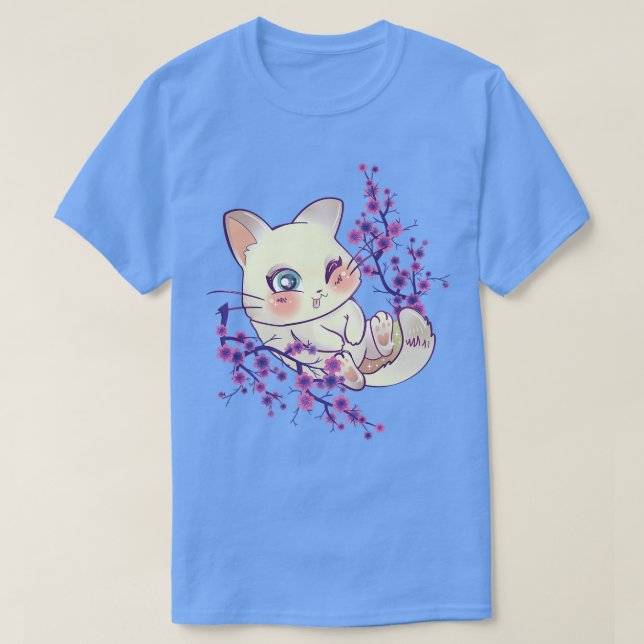 Camiseta Cherry Sakura Tree Kawaii Kitten Flor B (Frente do Design)
