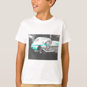 Camiseta Chevy impala, carro clássico azul brilhante 1958