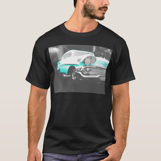 Camiseta Chevy impala, carro clássico azul brilhante 1958 (Frente)
