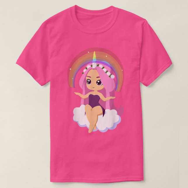 Camiseta Chibi estilo Kawaii Anime Girl Rainbow Unicorn (Frente do Design)