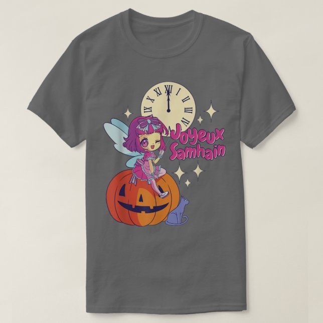 Camiseta Chibi Fada Madrinha Negra Gato Pumpkin Halloween (Frente do Design)