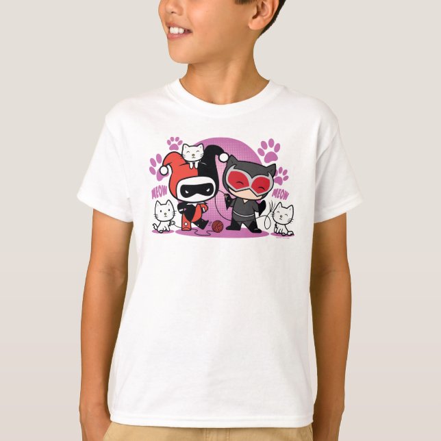 Camiseta Chibi Harley Quinn & Chibi Catman Com Gatos (Frente)