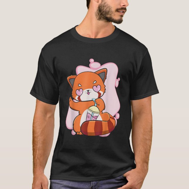 Camiseta Chibi Red Panda With Boba Tea Bubble Otaku Anime B (Frente)