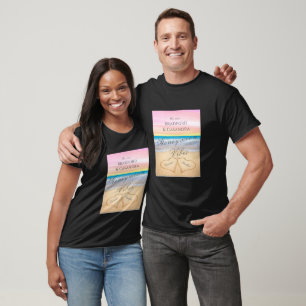 Camiseta Chic Bege Rosado Praia com 2 Corações na Areia