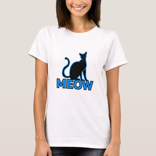 Camiseta Chic Feline Charm - Blue ‘MEOW’ Cat Silhouette (Frente)