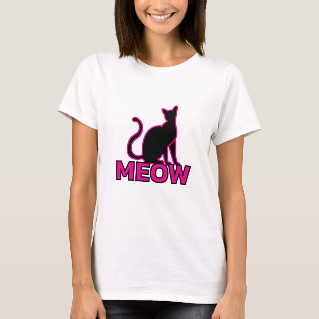 Camiseta Chic Feline Charm - Silhouette Gato Rosa "MEOW" (Frente)