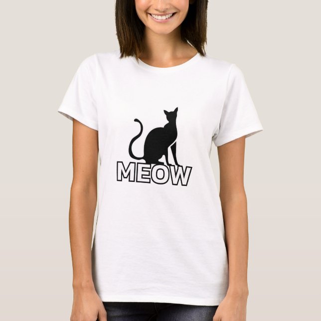 Camiseta Chic Feline Charm - White "MEOW" Cat Silhouette (Frente)