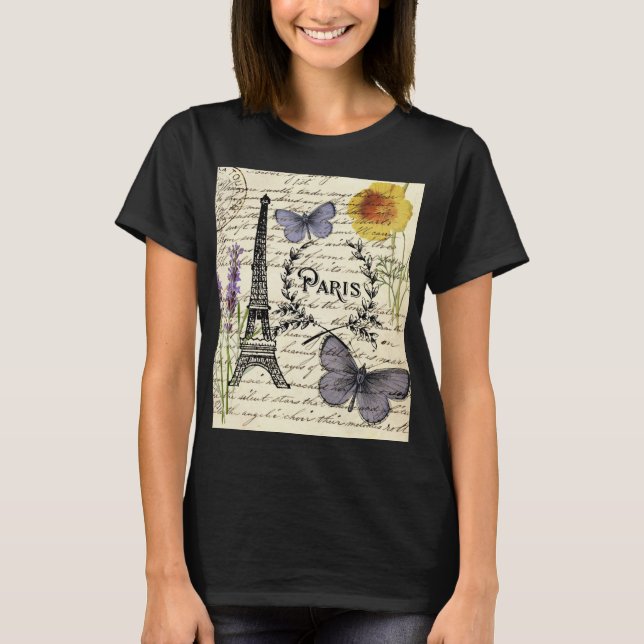 Camiseta chic french butterfly scripts paris eiffel torre (Frente)