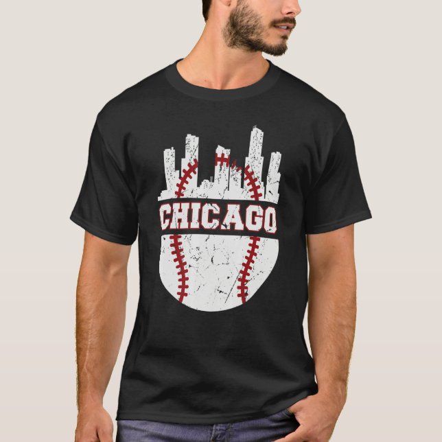 Camiseta Chicago Distressed Baseball   Retro Skyline   USA (Frente)