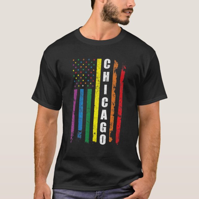 Camiseta Chicago EUA Flag Rainbow Gay Lgbt Pride Mo (Frente)