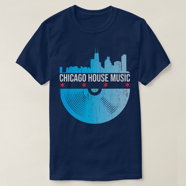 Camiseta Chicago House Music - Skyline Vinyl Record Dj Rave (Frente do Design)