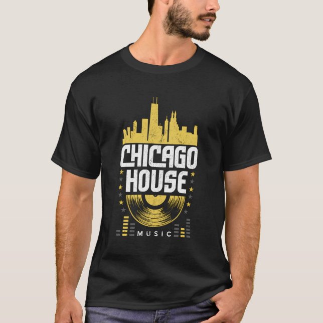 Camiseta Chicago House Music Vinyl Dj Raver Flag Skyline (Frente)