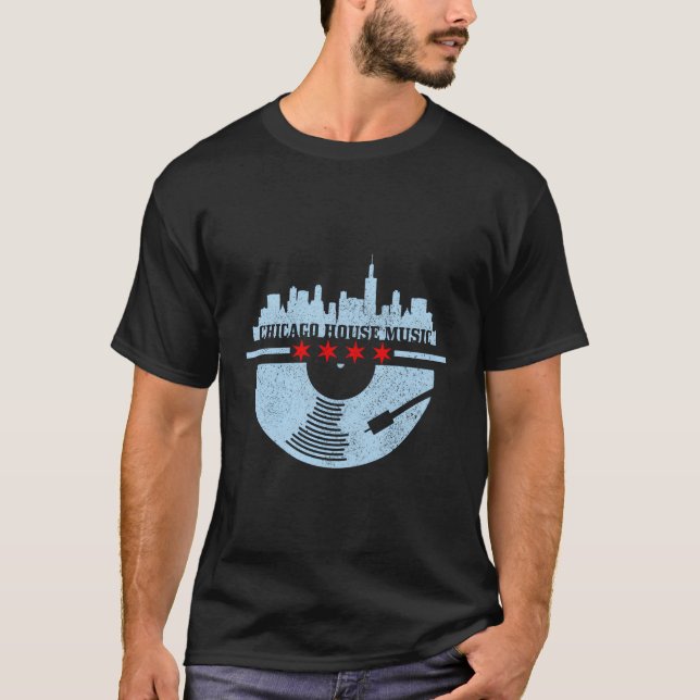 Camiseta Chicago House Music Vinyl Dj Raver Flag Skyline (Frente)