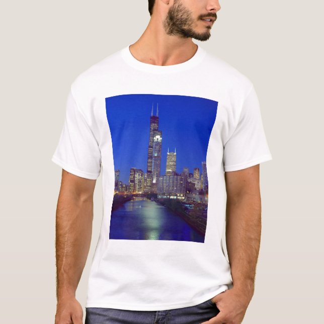 Camiseta Chicago, Illinois, Skyline à noite com Chicago (Frente)