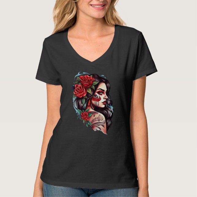 Camiseta Chicano Girl Mexico Flowers Death Pretty (Frente)