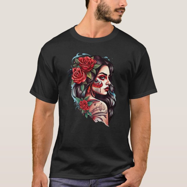 Camiseta Chicano Girl Mexico Flowers Death Pretty (Frente)