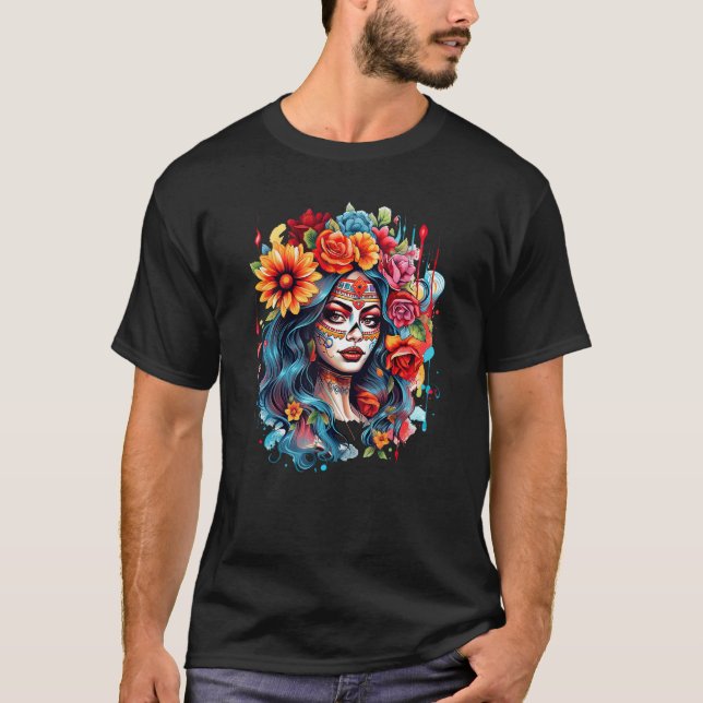 Camiseta Chicano Girl Mexico Flowers Death Pretty 8 (Frente)