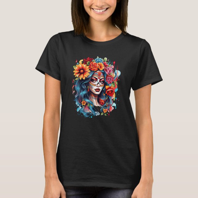 Camiseta Chicano Girl Mexico Flowers Death Pretty 8 (Frente)