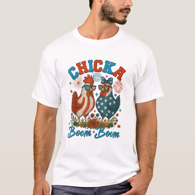 Camiseta Chicka Boom Boom Galinha Patriótica 4 de julho (Frente)