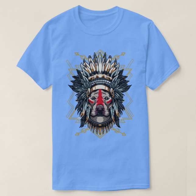 Camiseta Chieftain Pitbull Dog Indian Headdress Warrior (Frente do Design)