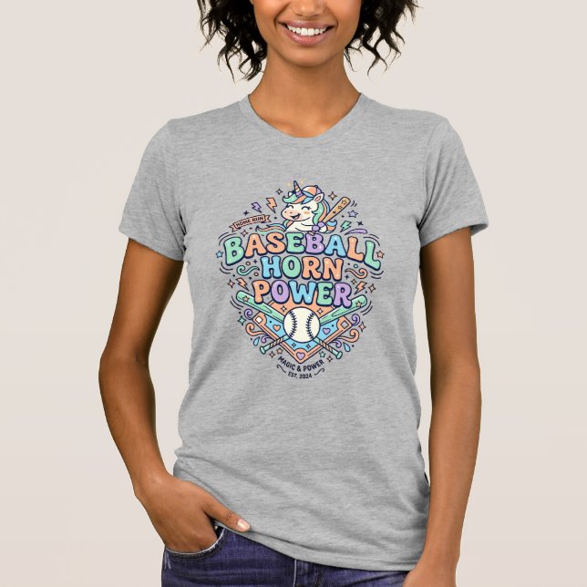 Camiseta Chifre de Beisebol Unicórnio Poder Kawaii Design V (Frente)