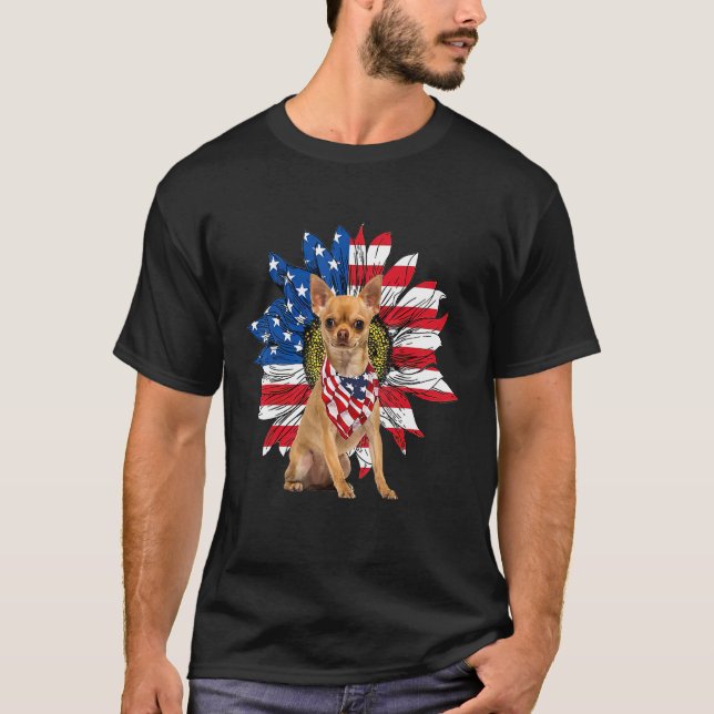 Camiseta Chihuahua American Flag Sunflower Dog Lovers 4th O (Frente)