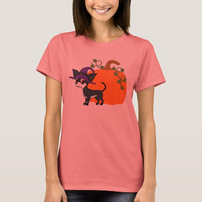 Camiseta Chihuahua branco e preto com abóbora de Halloween (Frente)