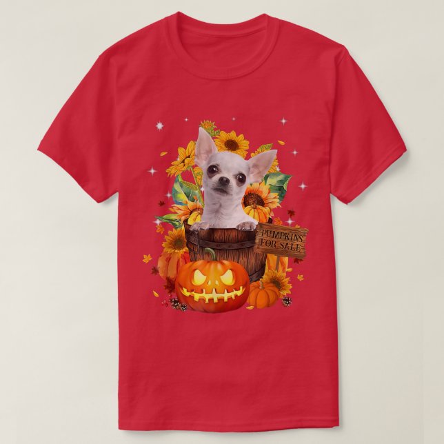 Camiseta Chihuahua Branco Em Um Balde De Queda Com Pumpkin  (Frente do Design)
