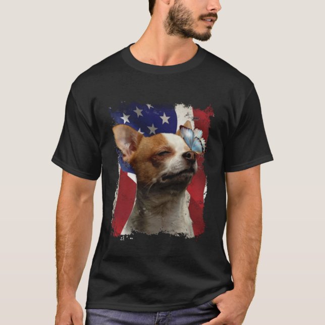 Camiseta Chihuahua Butterfly American Flag 4th July Indepen (Frente)