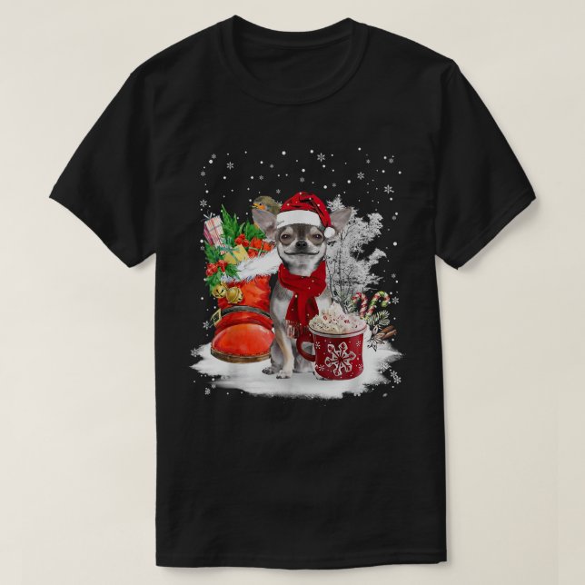 Camiseta Chihuahua Christmas Santa Hat Eggnog Boots Snow Xm (Frente do Design)