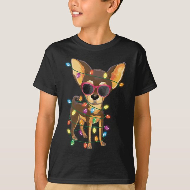 Camiseta Chihuahua Christmas Tree Lights Cachorro Mãe Pai X (Frente)