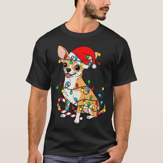 Camiseta Chihuahua Dog Christmas Lights Santa Xmas Pet Dog  (Frente)