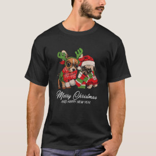 Camiseta Chihuahua e Pug Feliz Natal e Feliz Ano Novo