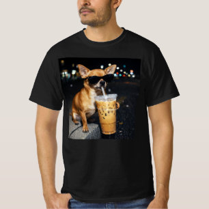 Camiseta Chihuahua Engraçado Bebendo Café Gelado Humor Aman