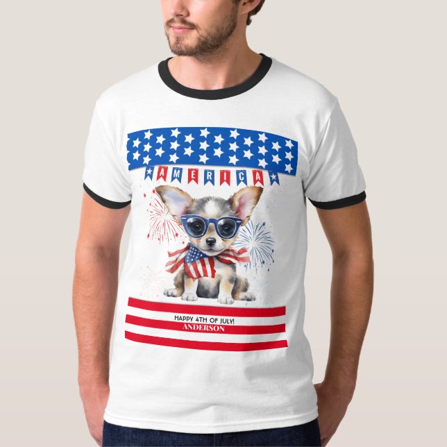 Camiseta Chihuahua Happy 4 De Julho América Patriótica EUA (Frente)