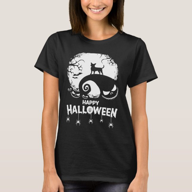 Camiseta Chihuahua Happy Halloween Spooky Bats Moon Pumpkin (Frente)