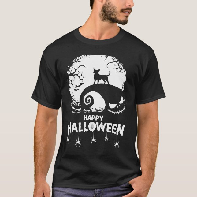Camiseta Chihuahua Happy Halloween Spooky Bats Moon Pumpkin (Frente)