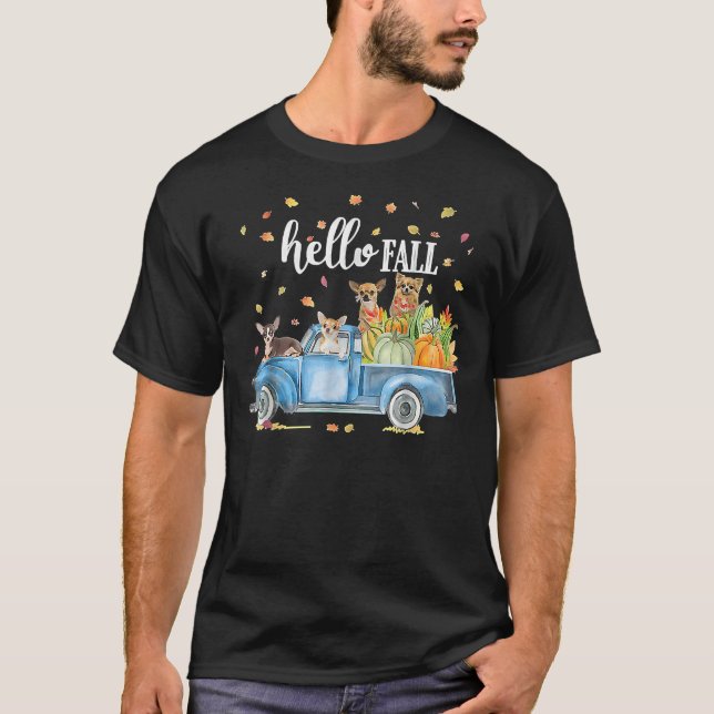 Camiseta Chihuahua Hello Fall ama Maple Pumpkin Caminhão Co (Frente)